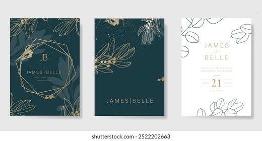 Luxury wedding invitation card vector template. Green background with gold line art, flower, leaves branches, foliage. Design illustration for vip cover, poster, rsvp modern card.