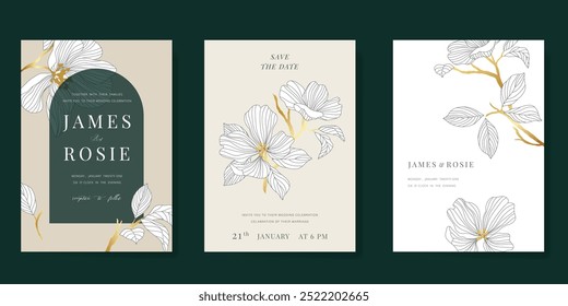 Plantilla de Vector de tarjeta de invitación de boda de lujo. Fondo beige con arte de línea dorada, flores, hojas, ramas, follaje. Ilustración de diseño para portada vip, póster, tarjeta moderna rsvp.