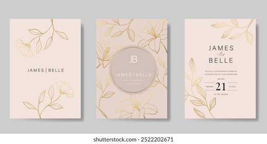 Plantilla de Vector de tarjeta de invitación de boda de lujo. fondo rosa con arte de línea de oro, flor, hojas, ramas, follaje. Ilustración de diseño para portada vip, póster, tarjeta moderna rsvp.