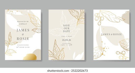 Luxury wedding invitation card vector template. Beige background with gold line art, flower, leaves branches, foliage. Design illustration for vip cover, poster, rsvp modern card.