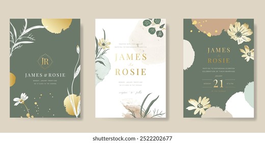 Modelo de vetor de cartão de convite de casamento de luxo. Fundo verde com linha de ouro arte, flor, folhas ramos, folhagem, aquarela textura. Ilustração de design para capa vip, cartaz, cartão moderno rsvp.