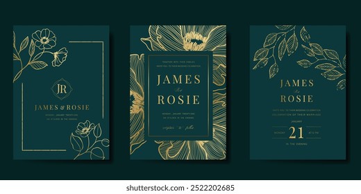 Luxury wedding invitation card vector template. Green background with gold line art, flower, leaves branches, foliage. Design illustration for vip cover, poster, rsvp modern card.