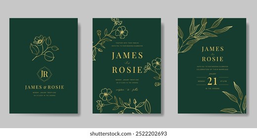 Plantilla de Vector de tarjeta de invitación de boda de lujo. Fondo verde con el arte de la línea del oro, flor, hojas, ramas, follaje. Ilustración de diseño para portada vip, póster, tarjeta moderna rsvp.