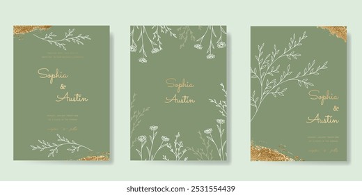 Modelo de vetor de cartão de convite de casamento de luxo. Sage fundo verde com textura de folha de ouro, flor, folhas ramos, folhagem. Ilustração de design para capa vip, cartaz, cartão moderno rsvp.