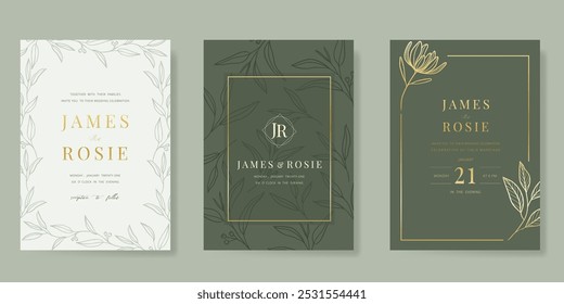 Modelo de vetor de cartão de convite de casamento de luxo. Sage fundo verde com linha de ouro, flor, folhas ramos, folhagem. Ilustração de design para capa vip, cartaz, cartão moderno rsvp.