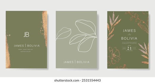 Modelo de vetor de cartão de convite de casamento de luxo. Sage fundo verde com textura de folha de ouro, flor, folhas ramos, folhagem. Ilustração de design para capa vip, cartaz, cartão moderno rsvp.