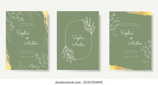 Modelo de vetor de cartão de convite de casamento de luxo. Sage fundo verde com textura de folha de ouro, flor, folhas ramos, folhagem. Ilustração de design para capa vip, cartaz, cartão moderno rsvp.