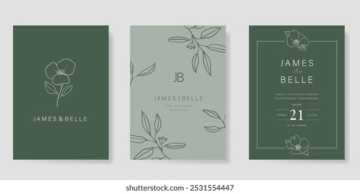 Modelo de vetor de cartão de convite de casamento de luxo. Sage fundo verde com flor, folhas ramos, folhagem linha arte. Ilustração de design para cobertura vip, cartaz, cartão moderno rsvp.