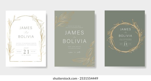 Modelo de vetor de cartão de convite de casamento de luxo. Sage fundo verde com textura de folha de ouro, flor, folhas ramos, folhagem. Ilustração de design para capa vip, cartaz, cartão moderno rsvp.