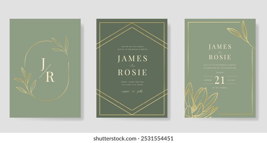 Modelo de vetor de cartão de convite de casamento de luxo. Sage fundo verde com linha de ouro, flor, folhas ramos, folhagem. Ilustração de design para capa vip, cartaz, cartão moderno rsvp.