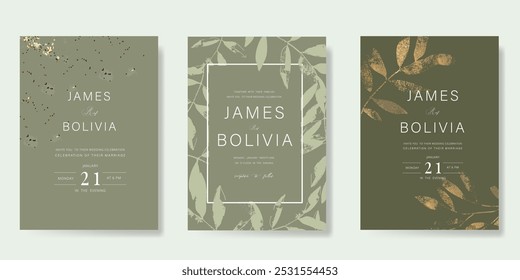 Modelo de vetor de cartão de convite de casamento de luxo. Sage fundo verde com textura de folha de ouro, flor, folhas ramos, folhagem. Ilustração de design para capa vip, cartaz, cartão moderno rsvp.