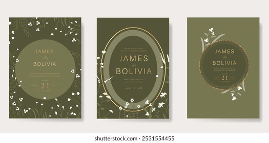 Modelo de vetor de cartão de convite de casamento de luxo. Sage fundo verde com textura de folha de ouro, flor, folhas ramos, folhagem. Ilustração de design para capa vip, cartaz, cartão moderno rsvp.