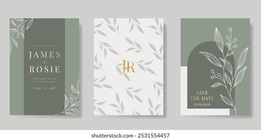 Modelo de vetor de cartão de convite de casamento de luxo. Sage fundo verde com flor, folhas ramos, folhagem linha arte. Ilustração de design para cobertura vip, cartaz, cartão moderno rsvp.