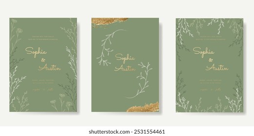 Modelo de vetor de cartão de convite de casamento de luxo. Sage fundo verde com textura de folha de ouro, flor, folhas ramos, folhagem. Ilustração de design para capa vip, cartaz, cartão moderno rsvp.