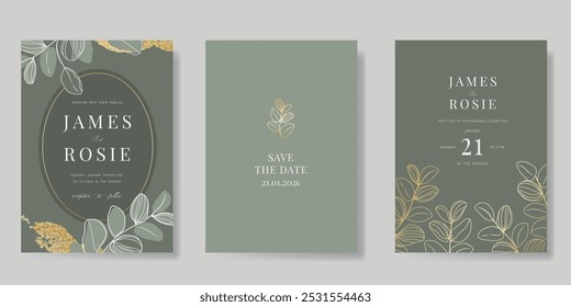 Modelo de vetor de cartão de convite de casamento de luxo. Sage fundo verde com textura de folha de ouro, flor, folhas ramos, folhagem. Ilustração de design para capa vip, cartaz, cartão moderno rsvp.