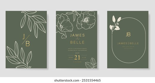 Luxury wedding invitation card vector template. Sage green background with flower, leaves branches, foliage line art. Design illustration for vip cover, poster, rsvp modern card.