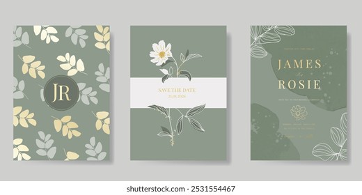 Modelo de vetor de cartão de convite de casamento de luxo. Sage fundo verde com flor, folhas ramos, folhagem linha arte. Ilustração de design para cobertura vip, cartaz, cartão moderno rsvp.