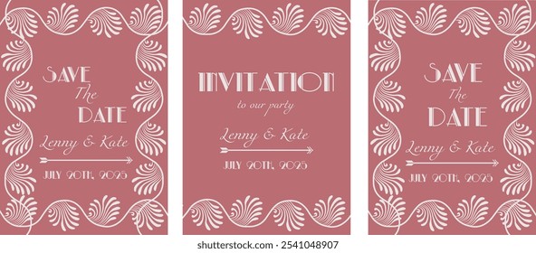 Luxury wedding invitation card vector. Elegant art deco classic antique design, art deco frame on pink background. Premium design