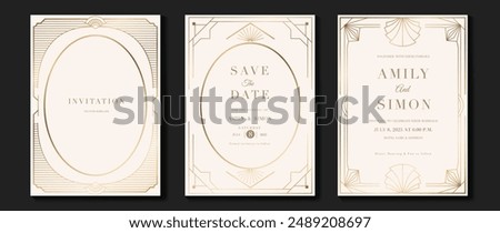 Luxury wedding invitation card vector. Elegant art deco classic antique design, gold lines gradient, frame on light background. Premium design illustration for gala, grand opening, VIP cover.