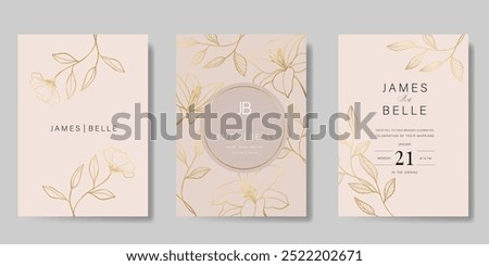 Luxury wedding invitation card vector template. pink background with gold line art, flower, leaves branches, foliage. Design illustration for vip cover, poster, rsvp modern card.