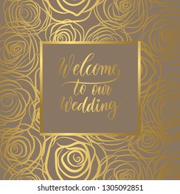 Luxury wedding invitation card,gold roses  with frame and place for text. Vector illustration.