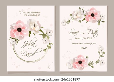 Luxury wedding invitation cards. Background with round frame of gold line and anemone flowers, organic shapes, watercolor. Abstract art background vector design for wedding and cover template.