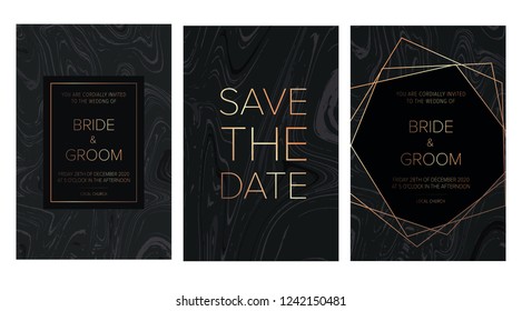 Luxury wedding invitation cards with black gold marble texture and gold geometric pattern vector design template.Trendy wedding invitation.All elements are isolated and editable.