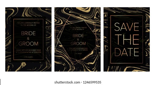 Luxury wedding invitation cards with black gold marble texture and gold geometric pattern vector design template.Trendy wedding invitation.All elements are isolated and editable.