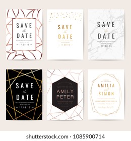 Luxury wedding Invitation cards collection with marble background cover and Gold geometric shape texture design vector
