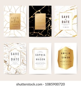 Luxury wedding invitation cards collection with marble background cover and gold geometric shape pattern vector