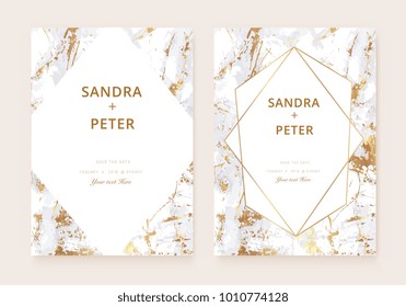 Luxury wedding invitation cards with gold marble texture background and geometric shapes pattern