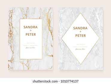 Luxury  wedding invitation cards with gold marble texture and golden geometric line vector illustration. 