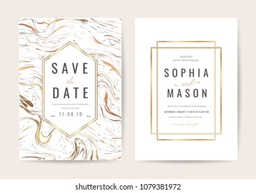 Luxury wedding invitation cards with gold marble texture and geometric pattern vector design template