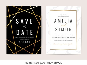 Luxury wedding invitation cards with gold marble texture and geometric pattern vector design template