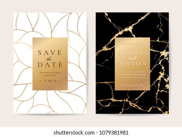 Luxury wedding invitation cards with gold marble texture and geometric pattern vector design template