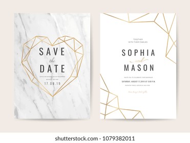 Luxury wedding invitation cards with gold marble texture and geometric pattern vector design template