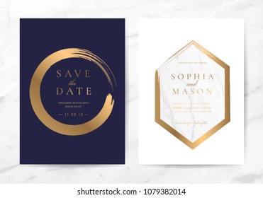 Luxury wedding invitation cards with gold marble texture and geometric pattern vector design template