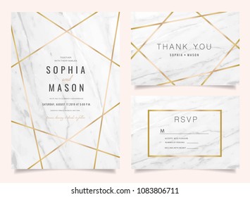 Luxury wedding invitation cards with gold marble texture and geometric pattern vector design template