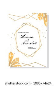 Luxury wedding invitation cards with gold stone texture and geometric pattern vector design template
