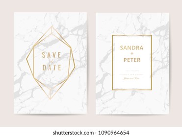 Luxury wedding invitation cards with gold marble texture and geometric pattern vector design template