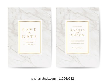 Luxury wedding invitation cards with gold marble texture and geometric pattern vector design template