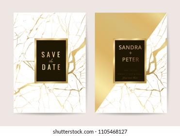 Luxury wedding invitation cards with gold marble texture and geometric pattern vector design template