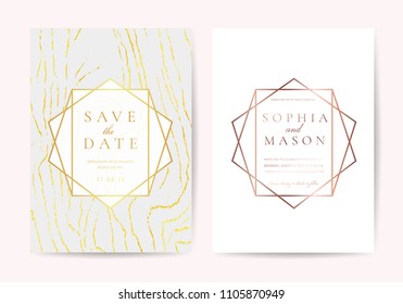 Luxury wedding invitation cards with gold marble texture and geometric pattern vector design template