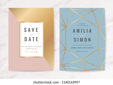 Luxury wedding invitation cards with gold marble texture and geometric pattern vector design template