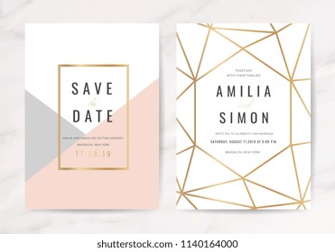 Luxury wedding invitation cards with gold marble texture and geometric pattern vector design template