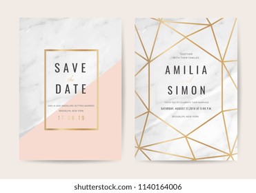 Luxury wedding invitation cards with gold marble texture and geometric pattern vector design template