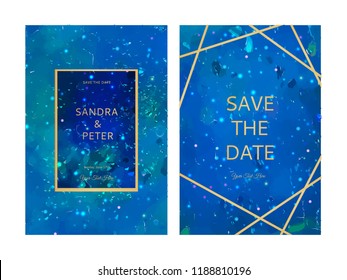 Luxury wedding invitation cards with gold, blue, purple and marble texture. Save the date. Fluid abstract acriling painting. 