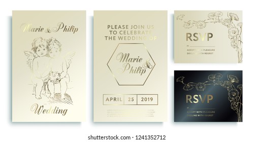 Luxury wedding invitation cards with gold texture. Luxury wedding invitation frame set; angels, flowers, leaves isolated on white. 

