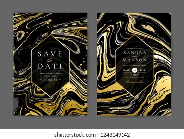 Luxury wedding invitation cards with gold and black metallic marble texture and geometric pattern vector design template