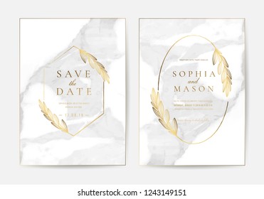 Luxury wedding invitation cards with gold and metallic marble texture and geometric pattern vector design template